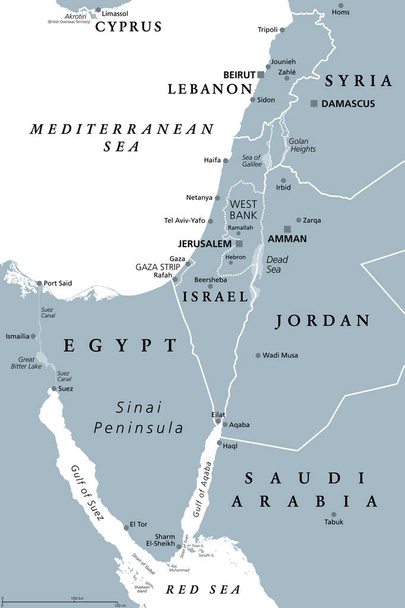 Ισραήλ και χερσόνησος του Σινά, γκρίζος πολιτικός χάρτης. Το νότιο Λεβάντε, μια γεωγραφική και ιστορική περιοχή, που περιλαμβάνει το Ισραήλ, την Παλαιστίνη, την Ιορδανία, το Λίβανο, τη νότια Συρία και τη χερσόνησο του Σινά. - Διάνυσμα, εικόνα