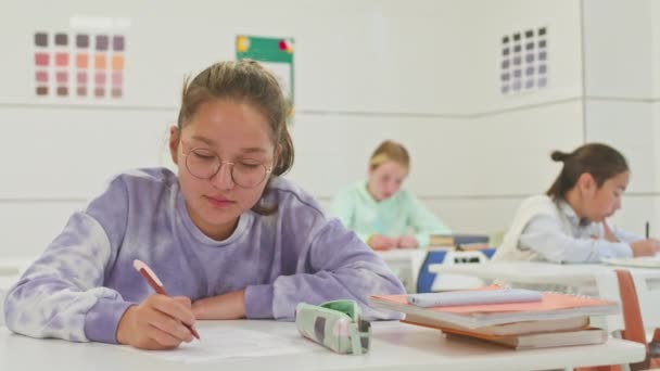 Талію вгору кавказької дев'ятнадцяти студенток посміхається на камеру під час написання тесту на уроках - Кадри, відео