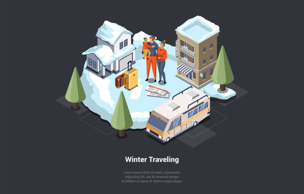 Family Winter Holidays And Winter Traveling. Mother, Father And Little Child Ready To Go On Winter Vacations By Motorhome Or RV. Characters Book Hotel In Mountains. Isometric 3D Vector Illustration. - Vector, Image