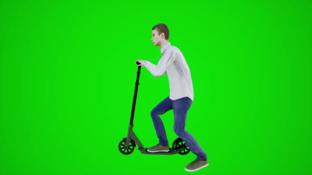 3D yeşil ekran genç çocuk parkta scooter 'a yan açıdan biniyor. 3D insanlar daha kırmızı renkli arka plan animasyon adamı ve kadın yürüyüş konuşması. - Video, Çekim