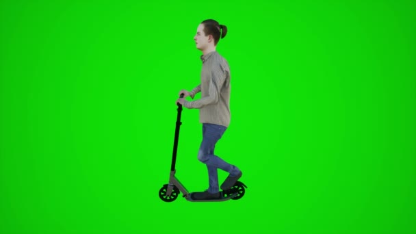 3d pantalla verde un panadero asiático niño montar scooter en las calles de Asia desde el ángulo lateral 3d personas redner chroma key fondo animación hombre y mujer caminar hablar - Metraje, vídeo