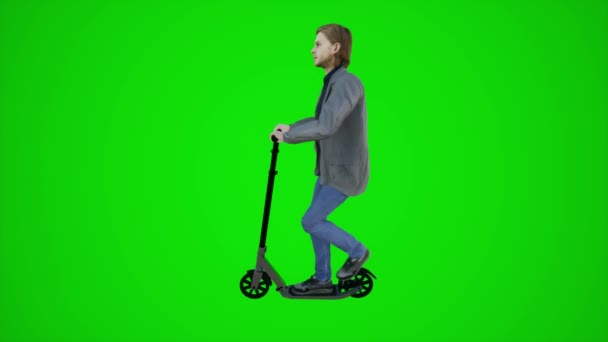3d verde pantalla camarero europeo montar scooter en las calles de Europa desde el ángulo lateral 3d personas redner chroma key fondo animación hombre y mujer caminar hablar - Imágenes, Vídeo