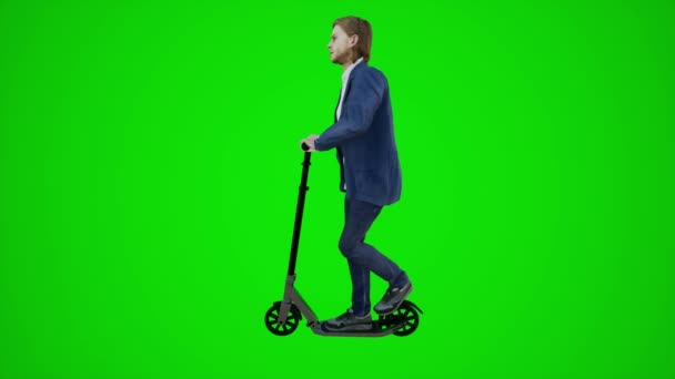 3D zelená obrazovka Evropský číšník na koni skútr v ulicích Evropy z bočního úhlu 3d lidé buran chroma klíčové pozadí animace muž a žena chůze diskuse - Záběry, video