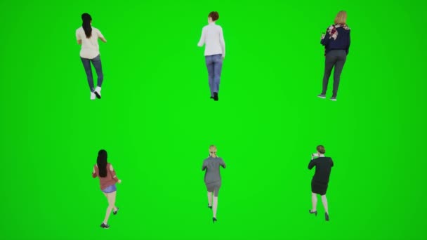 Seis mujeres caminando en el parque de atracciones y jugando en el teléfono desde el ángulo posterior de la animación 3D hacen que la gente croma clave animación persona multitud caminando y hablando - Metraje, vídeo