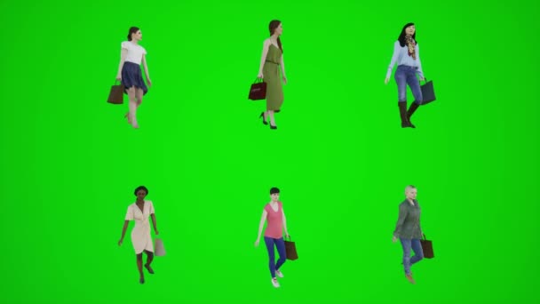 Έξι γυναίκες περπατούν στο πεζοδρόμιο και ψωνίζουν με τσάντες από τρεις γωνίες 3D animation κάνουν τους ανθρώπους chroma κλειδί animation πρόσωπο με τα πόδια πλήθος και μιλώντας - Πλάνα, βίντεο