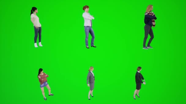 3d personas pantalla verde seis mujeres de pie en la escuela de cromakey desde tres ángulos hacen que la gente croma clave animación persona multitud caminando y hablando - Imágenes, Vídeo