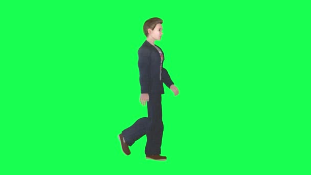 Νεαρό αγόρι σε παντελόνι κοστούμι περπάτημα απομονωμένη αριστερή γωνία πράσινη οθόνη 3d άτομα κόκκινο chroma κλειδί φόντο animation άντρας και γυναίκα με τα πόδια συζήτηση - Πλάνα, βίντεο