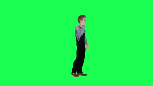 Εργαζόμενος αγόρι μιλάει στο κινητό τηλέφωνο, απομονωμένο, αριστερή γωνία, πράσινη οθόνη 3d άτομα Redner chroma κλειδί φόντο animation άνθρωπος και γυναίκα με τα πόδια συζήτηση - Πλάνα, βίντεο
