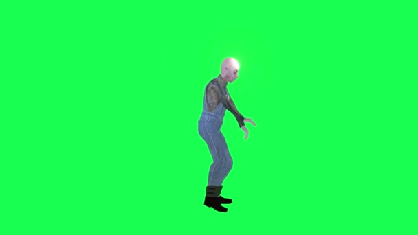 3d eng zombie man groen scherm links hoek dansen robot heupen 3d mensen redner chroma key achtergrond animatie man en vrouw lopen praten - Video