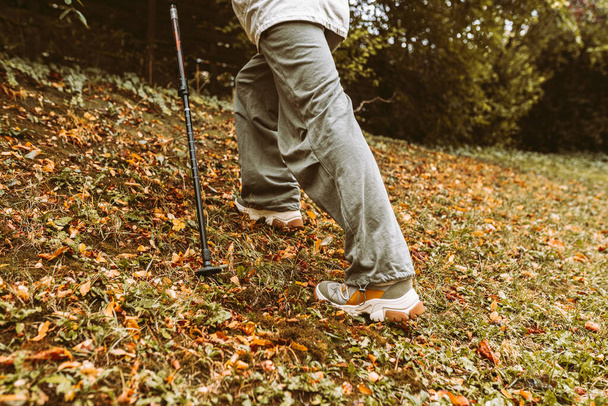 Nordic Walking in Autumn forest, hiking teenage girl. adventure and exercise concept, womens hiking, legs in comfortable hiking shoes and Nordic walking poles in autumn nature - Photo, Image