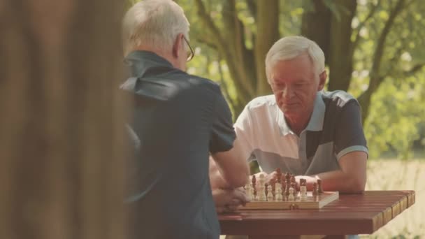 Waist up of two Caucasian mature men playing chess game outdoors in park on sunny day - Footage, Video