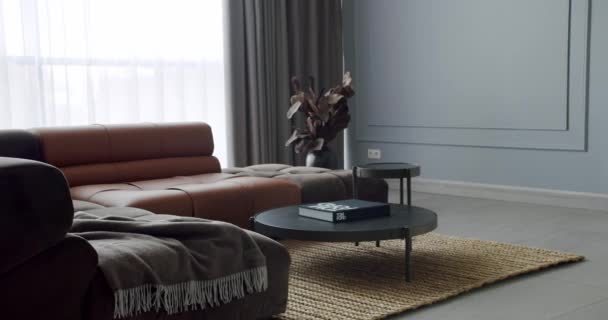 Moderne moderne minimalistische woonkamer met grijs en bruin meubilair. Interieur met hoekbank en ronde tafel. Modieus meubilair. Minimalistisch Binnenlandse Zaken. Gezellig modern meubilair ontwerp. - Video