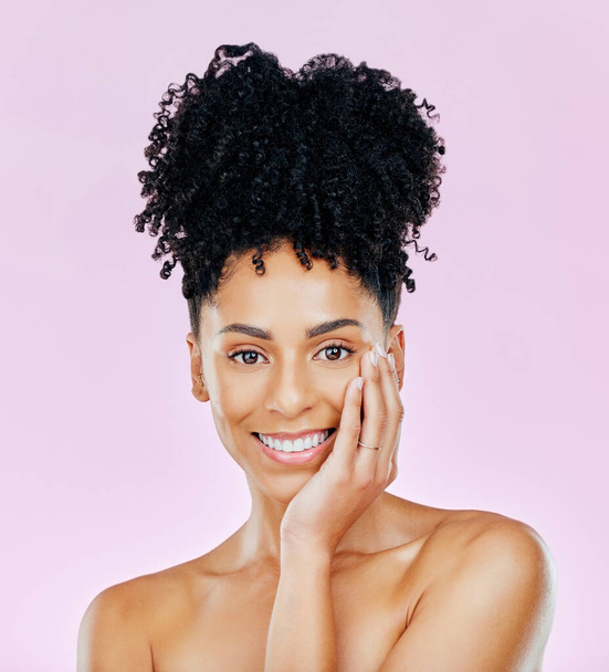 Skincare, beauty and portrait of happy woman for cosmetic aesthetic isolated in a studio pink background for wellness. Face, natural an young person with dermatology facial treatment for smooth skin. - Photo, Image