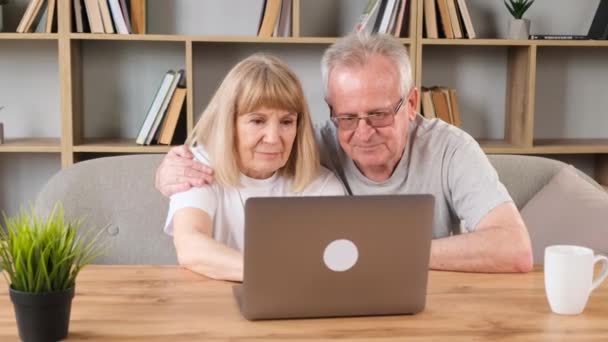 Feliz pareja madura de mediana edad utilizando el ordenador portátil mientras está sentado en el sofá, mientras que las compras en línea. Pagar facturas, impuestos, usar un portátil. - Imágenes, Vídeo
