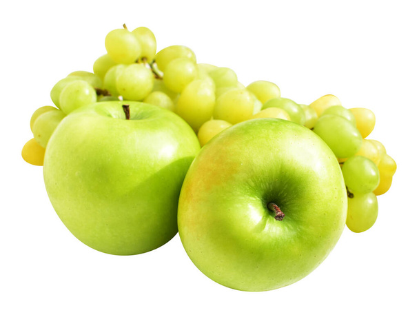 緑のブドウおよび緑のりんごは,白い背景のクリッピング パスが付いている影,健康な新鮮なフルーツを隔離しました - 写真・画像