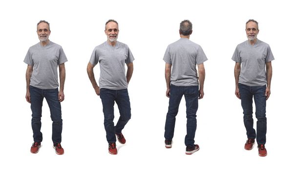 various poses the same middle-aged man dressed in a t-shirt, jeans and sneakers - Photo, Image