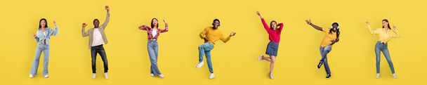 Happy cheerful multiracial men and women dancing on colored yellow background, listening to music with wireless headphones, collection of full length studio shots, web-banner, collage - Photo, Image