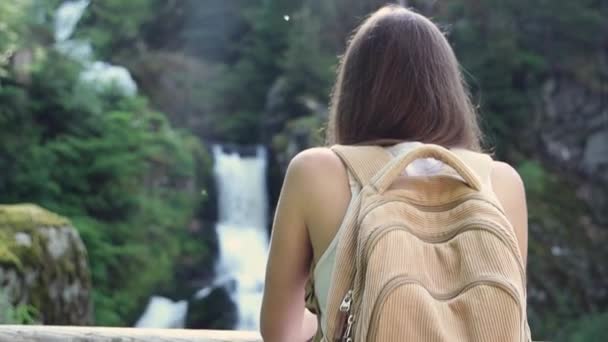 Frau bewundert Bergwasserfall im Sommerwald - Filmmaterial, Video