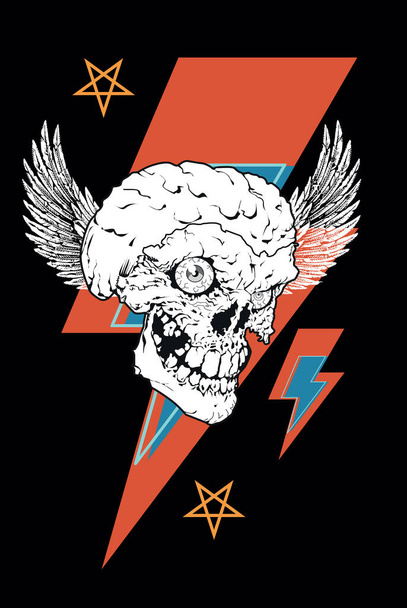 Gevleugelde schedel t-shirt ontwerp met het symbool van donderslag en sterren. Goede illustratie voor satanische rock 'n roll. - Vector, afbeelding