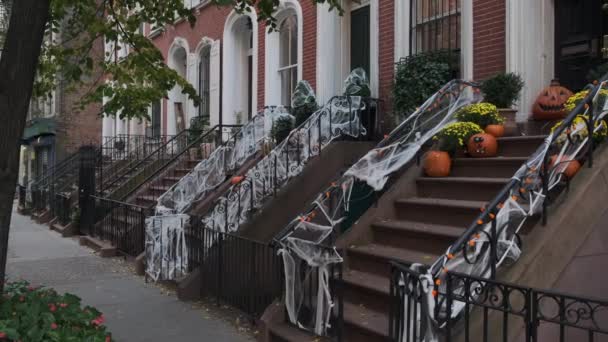 Halloween DHalloween dekorace koncept. Halloween party a Jack O Lanterns Usa. koncepce ekorací. Halloween party a Jack O Lanterns v New Yorku - Záběry, video