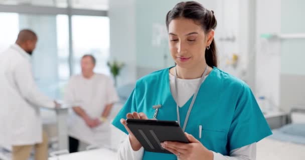 Happy, face and woman with a tablet, doctor and typing with connection, website info and employee. Portrait, nurse and medical professional with tech, clinic and research with internet or digital app. - Footage, Video