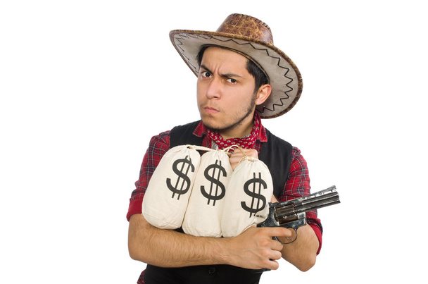 Jeune cow-boy avec pistolet et sacs d'argent isolés sur blanc
 - Photo, image