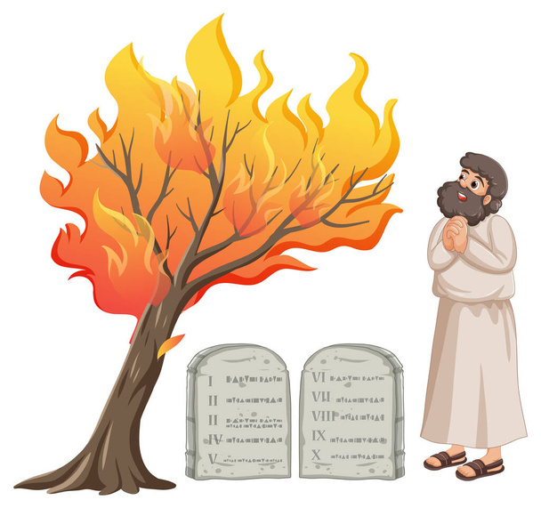 Una vibrante ilustración de dibujos animados vectoriales que representa a Moisés y la zarza ardiente de la historia bíblica - Vector, imagen