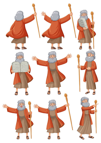 Illustration de Moïse dans diverses poses avec le bâton, séparant la mer, et tenant les dix commandements - Vecteur, image