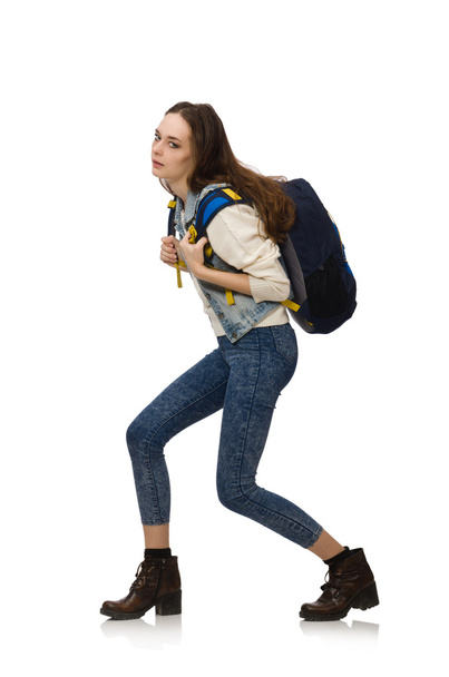 Pretty girl with rucksack isolated on white - Photo, Image