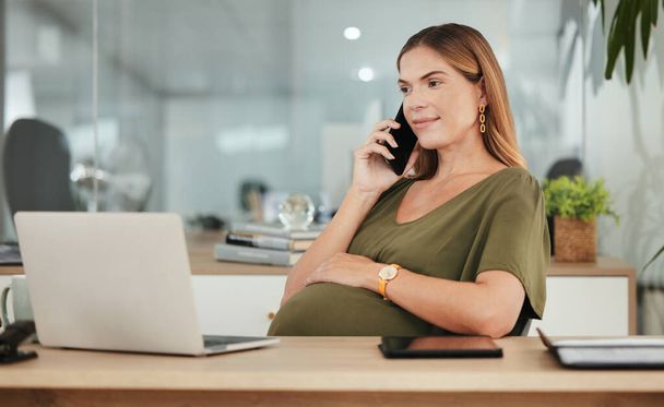 Phone call, office laptop and professional pregnant woman reading online research, project feedback or website data. Admin career, pregnancy consultation and maternity worker chat with contact. - Photo, Image