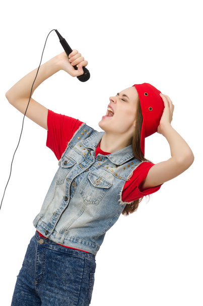 Menina bonita canta karaoke isolado no branco
 - Foto, Imagem
