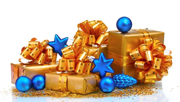 Beautiful gifts in gold packaging and Christmas balls isolated o - 写真・画像