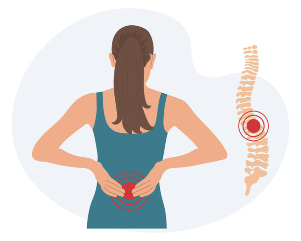 Mujer con dolor en las vértebras cervical y lumbar. Dolor de espalda, dolor muscular, osteoartritis, artritis reumatoide. Medicina. Ilustración, vector - Vector, imagen
