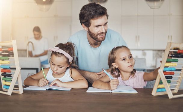 Family, father help kids and education, math and abacus for learning with homework, writing and counting at home. Teaching, support and notebook, young girl children with man and knowledge for growth. - Photo, Image