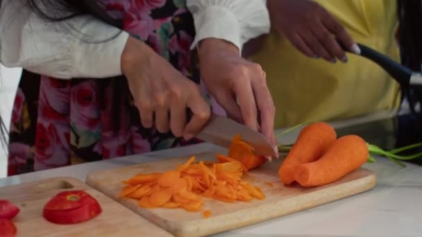 Підтягнути знімок багатоетнічних жінок, які ріжуть моркву і помідори, готуючи салат і розмовляючи на домашній кухні - Кадри, відео
