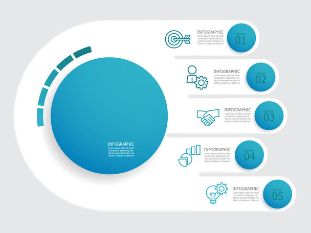 Kreis Schritte Zeitachse Infografik Element Bericht Hintergrund mit Business Line Symbol 5 Schritte für jede unternehmensbezogene Präsentation oder Publikation Vektor Illustration - Vektor, Bild