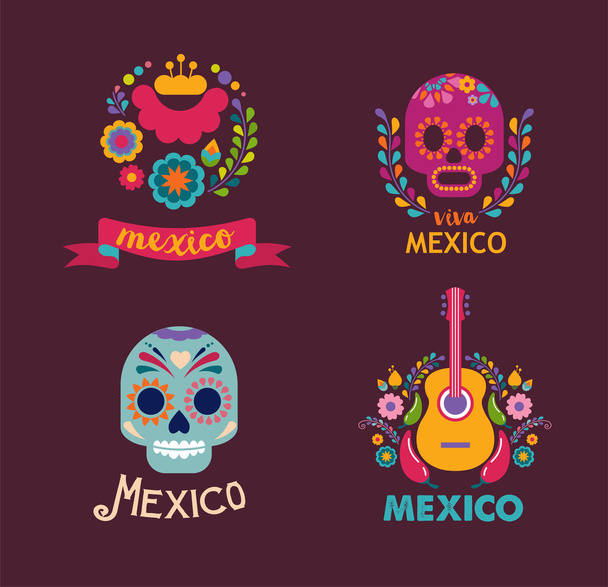 Mexico music, skull and food elements - Vector, Imagen