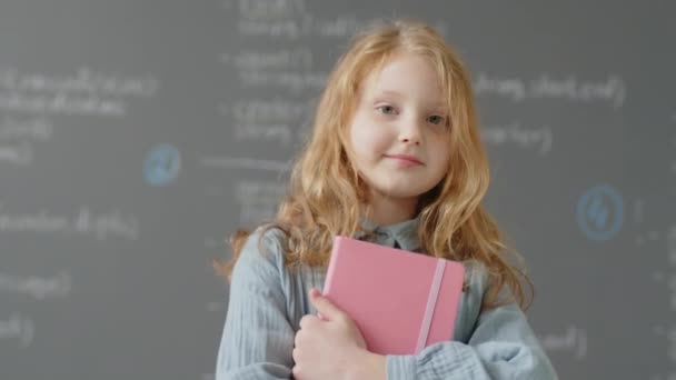 Lassú portré kaukázusi általános iskolás lányról, aki a tábla előtt pózol az osztályteremben jegyzetfüzetben a nappali programozás alatt. - Felvétel, videó