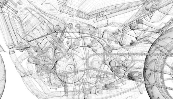 Projekt motocykla, projekt mechaniczny z ramą przewodową, renderowanie 3d, Ilustracja 3d - Zdjęcie, obraz