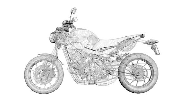 Motosiklet projesi, kablo çerçeveli mekanik tasarım, 3D oluşturma, illüstrasyon 3d - Fotoğraf, Görsel