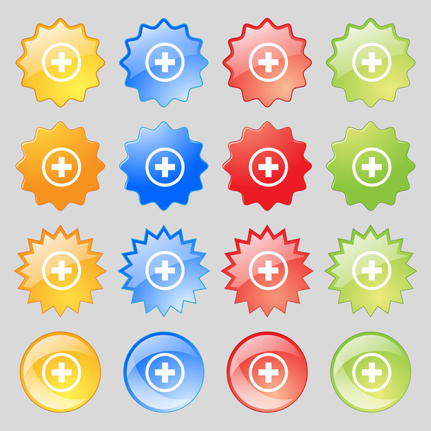 Além disso, positivo, sinal de ícone de zoom. Conjunto grande de 16 botões modernos coloridos para o seu design. Vetor
 - Vetor, Imagem