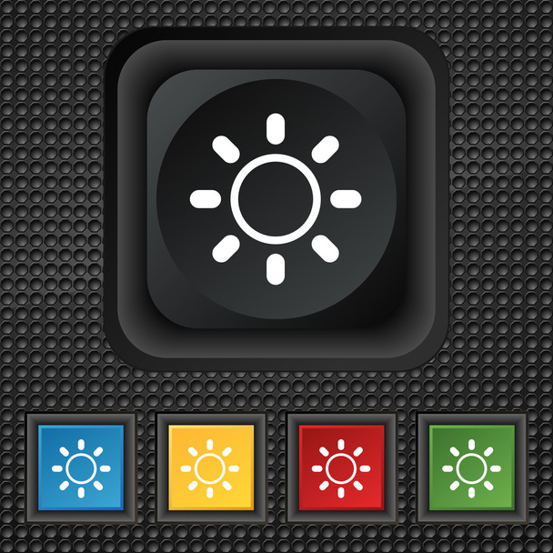 Brightness icon sign. symbol Squared colourful buttons on black texture. Vector - Wektor, obraz