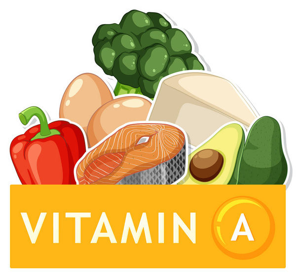 A vitamini bakımından zengin çeşitli besleyici gıdaların tasviri - Vektör, Görsel