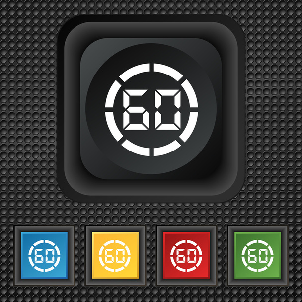 Signo del icono del cronómetro de 60 segundos. símbolo Botones de colores cuadrados en textura negra. Vector
 - Vector, Imagen