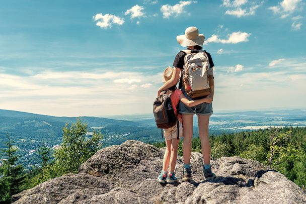Sırt çantalı küçük çocuklar bir dağın tepesinde durup vadiye bakıyorlar. - Fotoğraf, Görsel