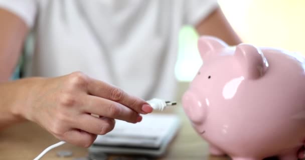 Person holds electric plug and piggy bank. Energy saving concept inflation and rising prices - Footage, Video