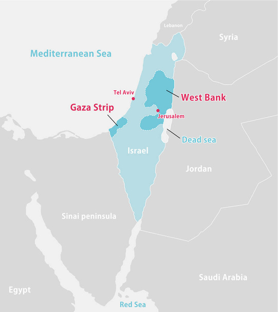 Palestinská válka (Izrael, Palestina a pásmo Gazy) a okolní země mapují ilustraci - Vektor, obrázek