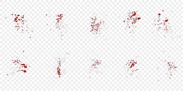 Blood Spatter Set. Red Drip Splatter. Grunge Splash Collection. Splat Pattern on Transparent Background, Paint Ink Stain Texture. Abstract Design, Messy Bloodstain. Isolated Vector Illustration. - Vector, Image