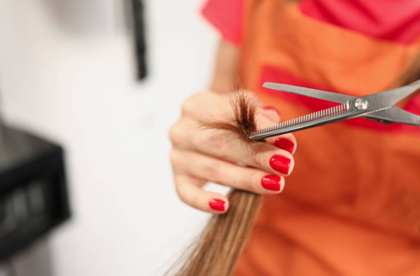 Рука перукаря зірочки тримає розділені кінці і ножиці. стрижка для довгого волосся концепція
 - Фото, зображення