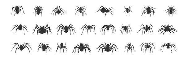 Készlet fekete sziluettek pókok elszigetelt fehér háttér, vektor illusztráció - Vektor, kép